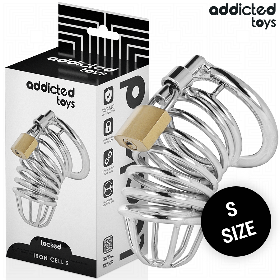 Close-up of the Addicted Toys LOCKED metal penis cage, highlighting its durable construction and secure fit.