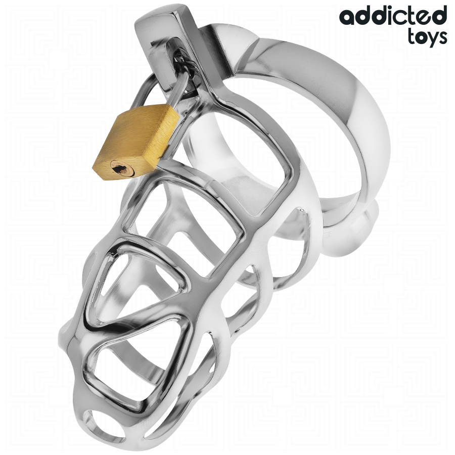 Addicted Toys Gaiola de Pénis Silver Lock, detalhe da trava de prata e design metálico.