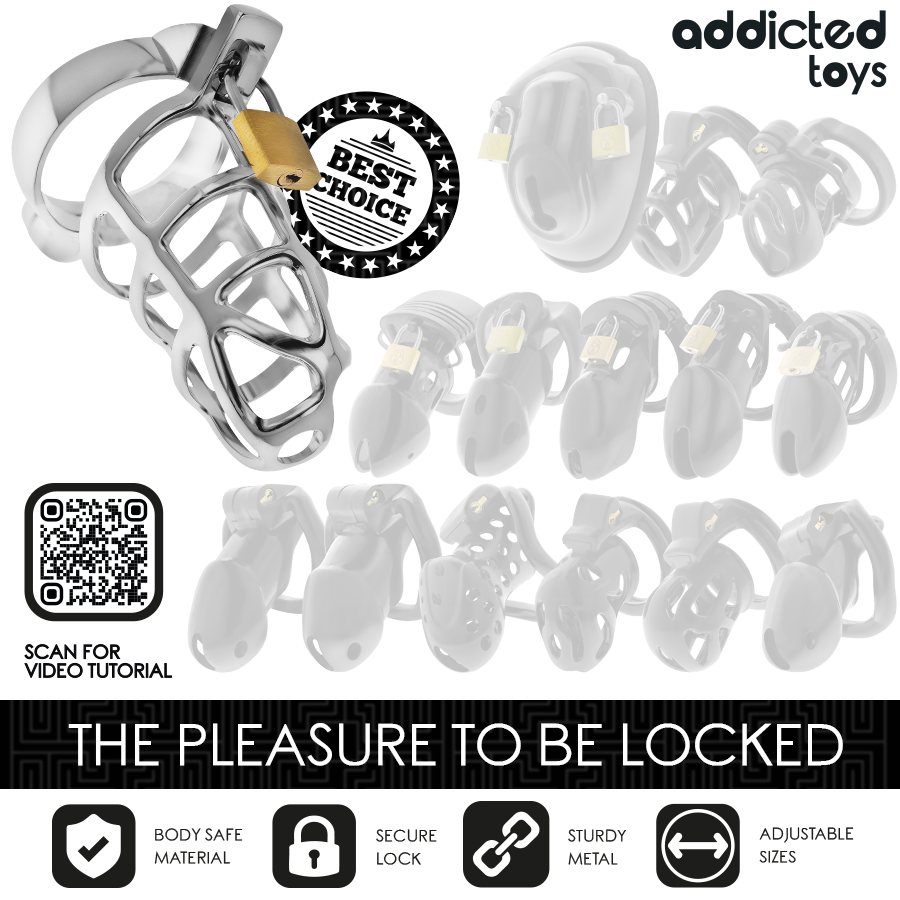 Addicted Toys Gaiola de Pénis Silver Lock, detalhe da trava de prata e design metálico.