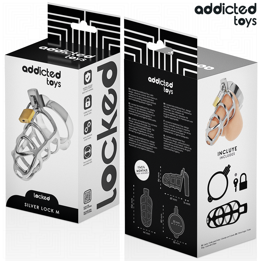 Addicted Toys Gaiola de Pénis Silver Lock, detalhe da trava de prata e design metálico.