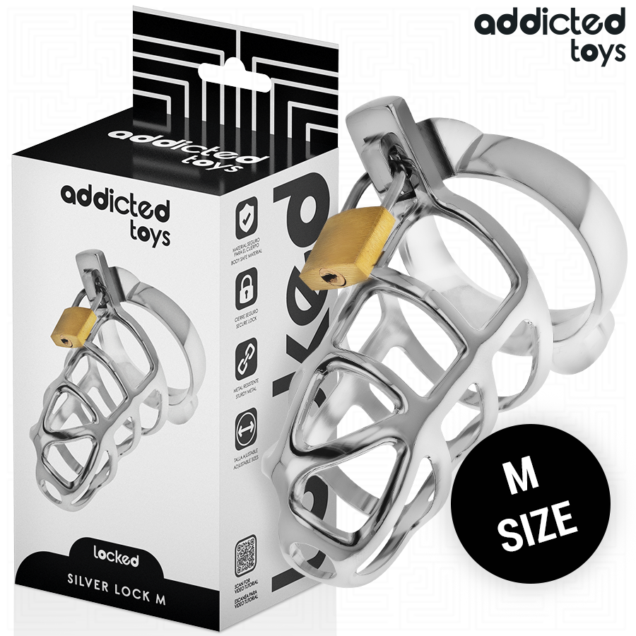 Addicted Toys Gaiola de Pénis Silver Lock, detalhe da trava de prata e design metálico.