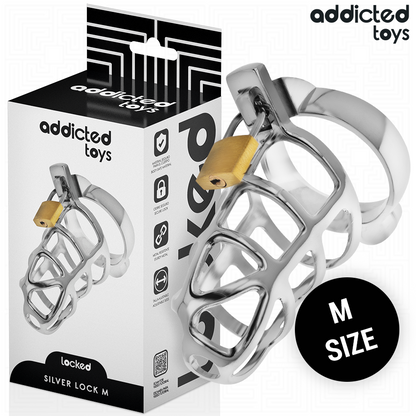 Addicted Toys Gaiola de Pénis Silver Lock, detalhe da trava de prata e design metálico.