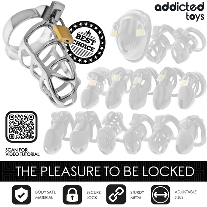 Close-up da Gaiola de Pénis de Metal com Trava Addicted Toys, mostrando o design prateado e a fechadura de segurança.