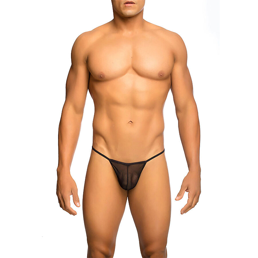 Tanga masculina MOB Transparente Formato T Preta L/XL, mostrando detalhes do tecido e design.