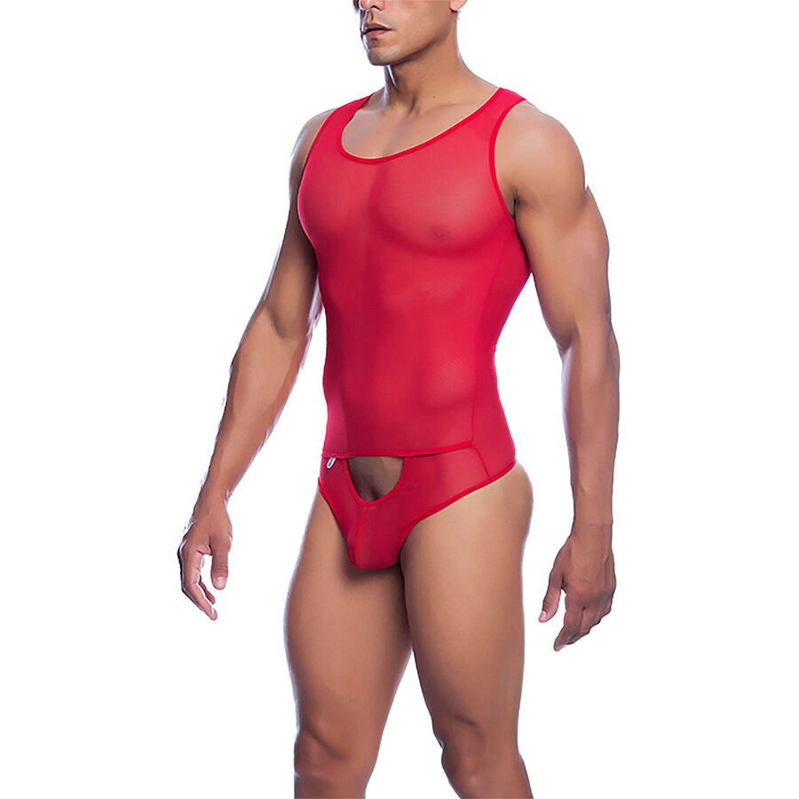 Bodysuit MOB Transparente Vermelho Sexy Mesh L/XL, detalhe da rede e design.