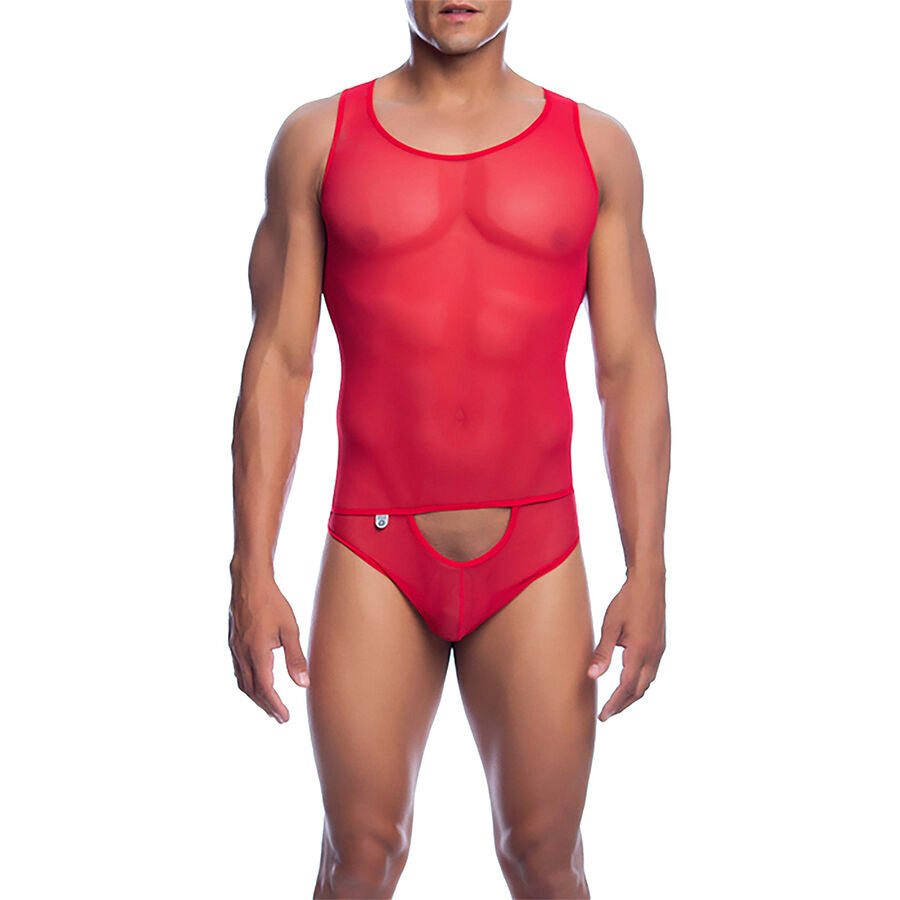 Bodysuit MOB Transparente Vermelho Sexy Mesh L/XL, detalhe da rede e design.