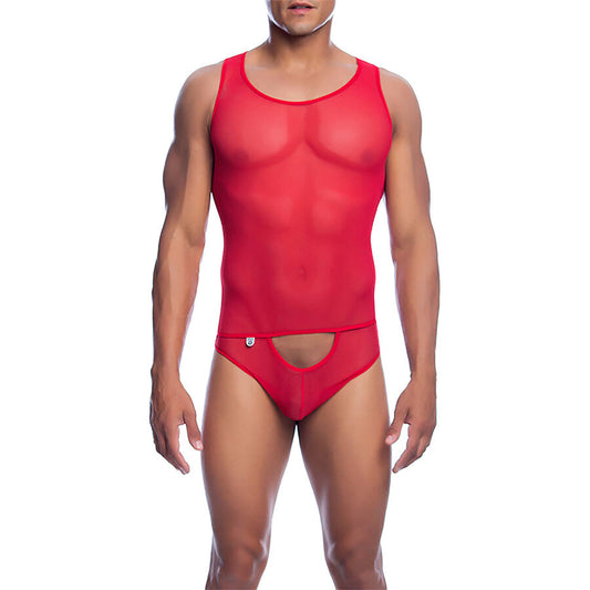 Bodysuit MOB Transparente Vermelho Sexy Mesh L/XL, detalhe da rede e design.