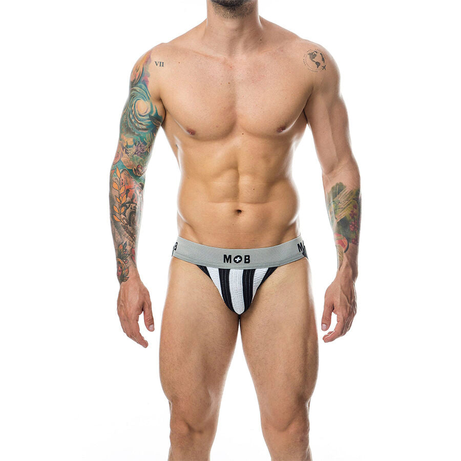 Close-up of the MOB Jockstrap Classic Stripe Branco Tamanho G, showing its design and fabric texture.