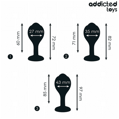 Close-up do Conjunto de 3 Plugs Anais Addicted Toys com Joia, mostrando os diferentes tamanhos e o material de silicone suave.