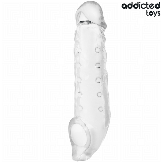 Close-up of the ADDICTED TOYS Transparent Penis Sleeve 27cm Size M, showing its material and design.