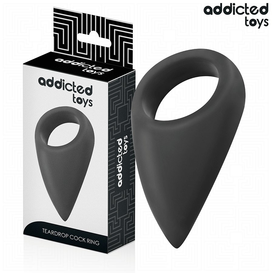 Close-up do Anel Peniano Addicted Toys em formato de lágrima, realçando o seu design ergonômico e material flexível.