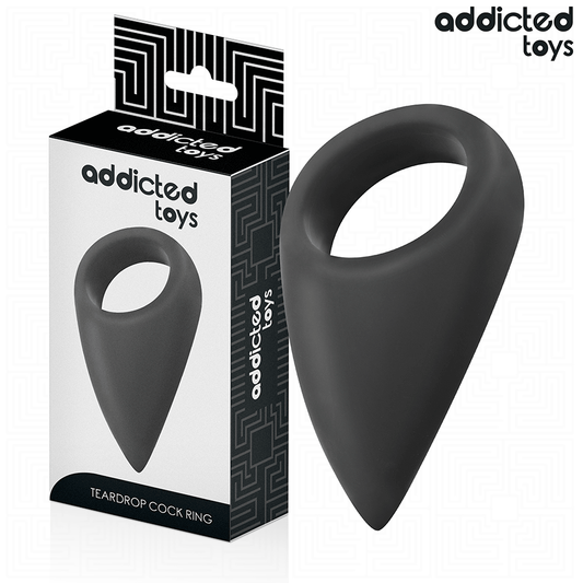 Close-up do Anel Peniano Addicted Toys em formato de lágrima, realçando o seu design ergonômico e material flexível.