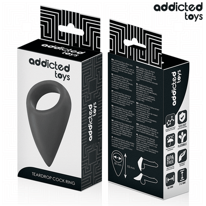 Close-up do Anel Peniano Addicted Toys em formato de lágrima, realçando o seu design ergonômico e material flexível.