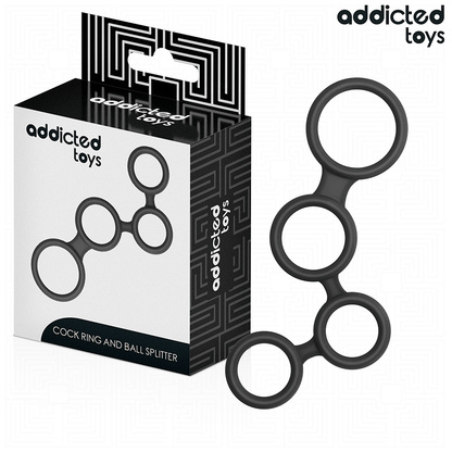 Anel peniano Addicted Toys com divisores para testículos, otimizado para ereção e estimulação.