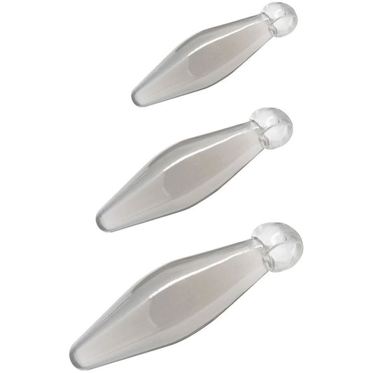 Close-up do TOYJOY Finger Rimmer 3 Peças, um conjunto de dilatadores anais ergonómicos e transparentes.
