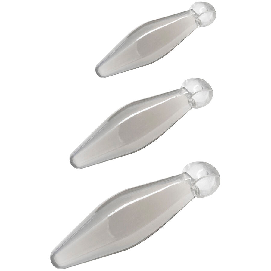 Close-up do TOYJOY Finger Rimmer 3 Peças, um conjunto de dilatadores anais ergonómicos e transparentes.