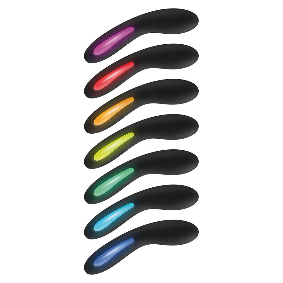 Close-up do Vibrador TOYJOY Luminate Ponto G com Luz LED Multicor, mostrando seu design elegante e silicone suave.