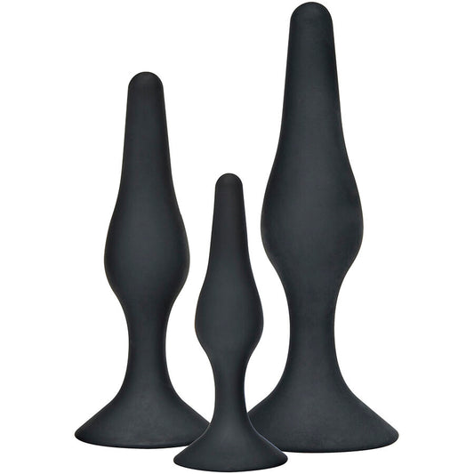 Close-up do Kit de Plugs Anais Curvy Companions da TOYJOY, mostrando os três tamanhos em silicone preto com design ergonómico.
