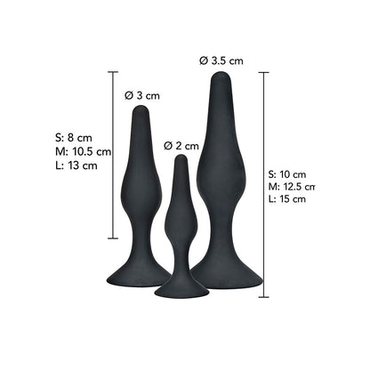 Close-up do Kit de Plugs Anais Curvy Companions da TOYJOY, mostrando os três tamanhos em silicone preto com design ergonómico.