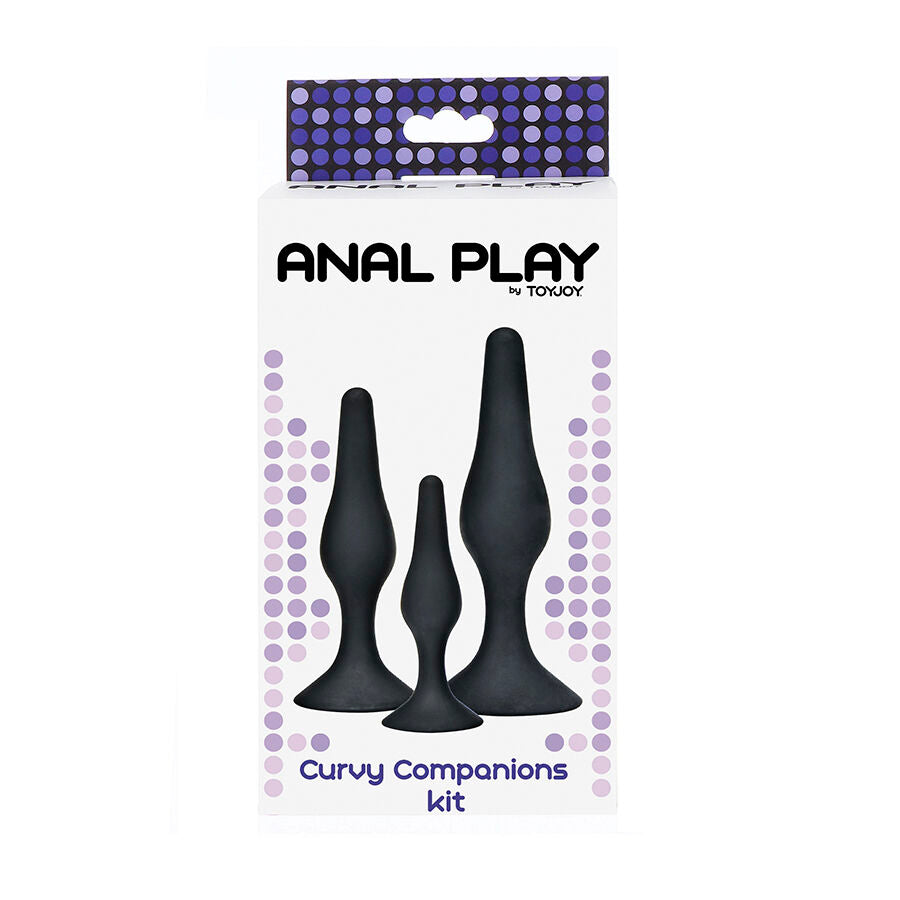 Close-up do Kit de Plugs Anais Curvy Companions da TOYJOY, mostrando os três tamanhos em silicone preto com design ergonómico.