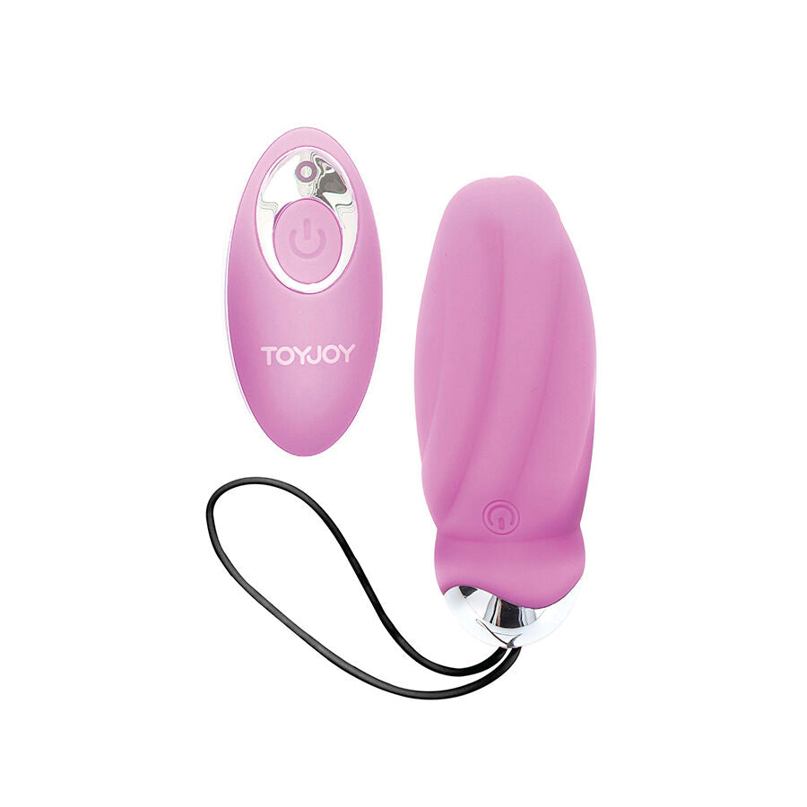 Close-up do vibrador ovo TOYJOY You Crack Me Up Rosa com controle remoto, destacando sua forma e textura macia.