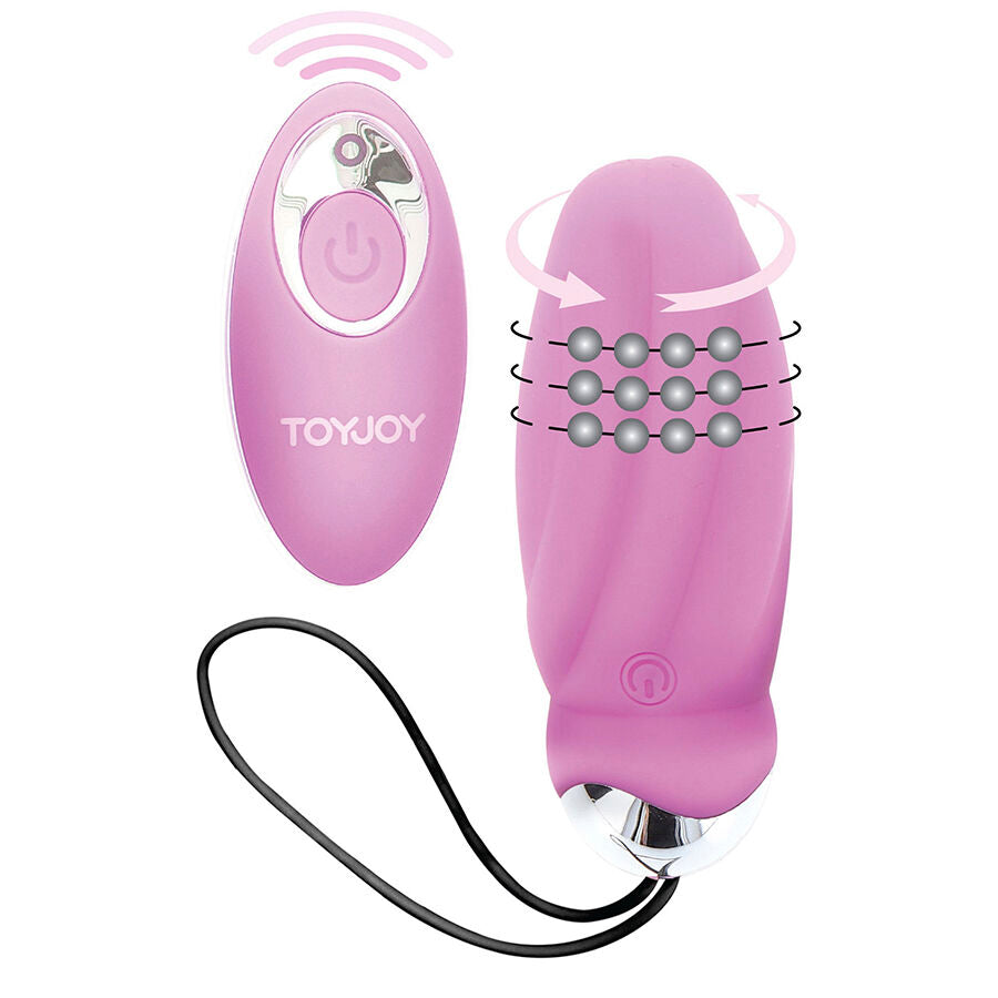 Close-up do vibrador ovo TOYJOY You Crack Me Up Rosa com controle remoto, destacando sua forma e textura macia.