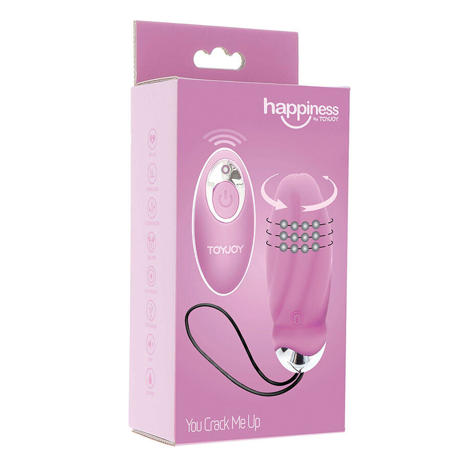 Close-up do vibrador ovo TOYJOY You Crack Me Up Rosa com controle remoto, destacando sua forma e textura macia.