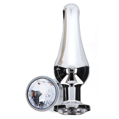 Close-up do TOYJOY Plug Anal Médio Diamond Bum Bijou com joia, mostrando seu design cônico e material de alumínio.