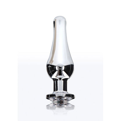 Close-up do TOYJOY Plug Anal Médio Diamond Bum Bijou com joia, mostrando seu design cônico e material de alumínio.