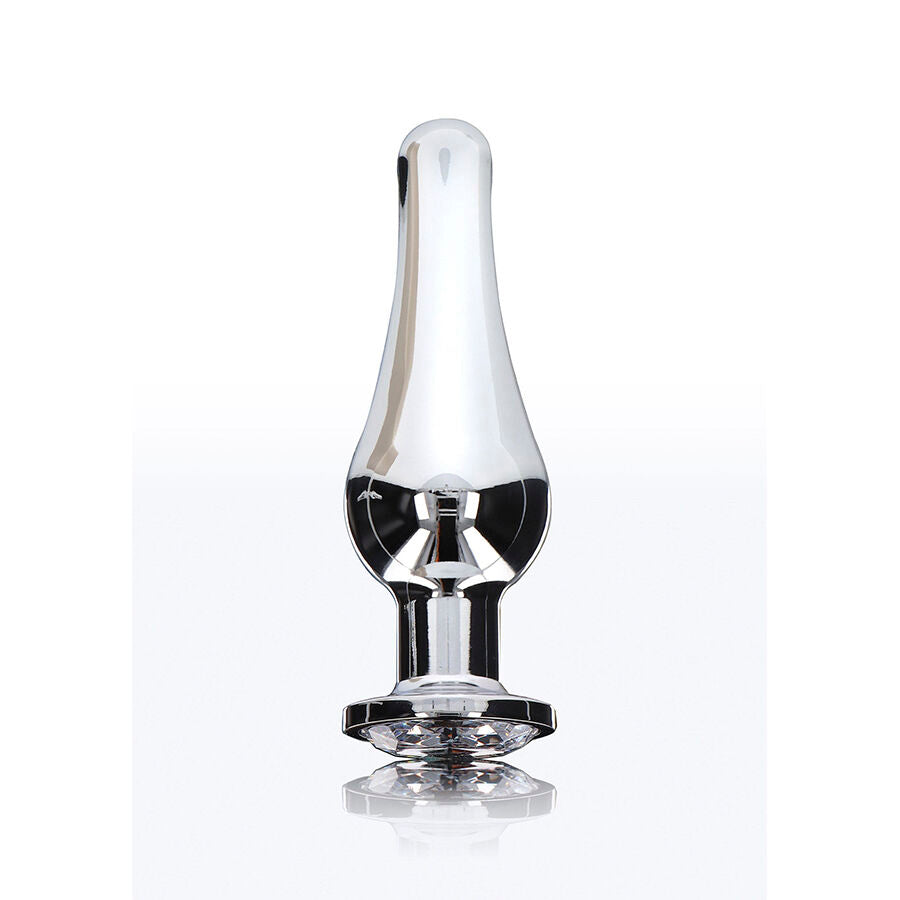 Close-up do TOYJOY Plug Anal Médio Diamond Bum Bijou com joia, mostrando seu design cônico e material de alumínio.