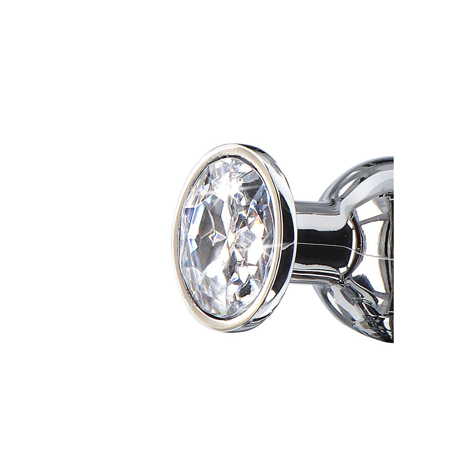 Close-up do TOYJOY Plug Anal Médio Diamond Bum Bijou com joia, mostrando seu design cônico e material de alumínio.