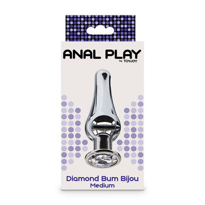 Close-up do TOYJOY Plug Anal Médio Diamond Bum Bijou com joia, mostrando seu design cônico e material de alumínio.
