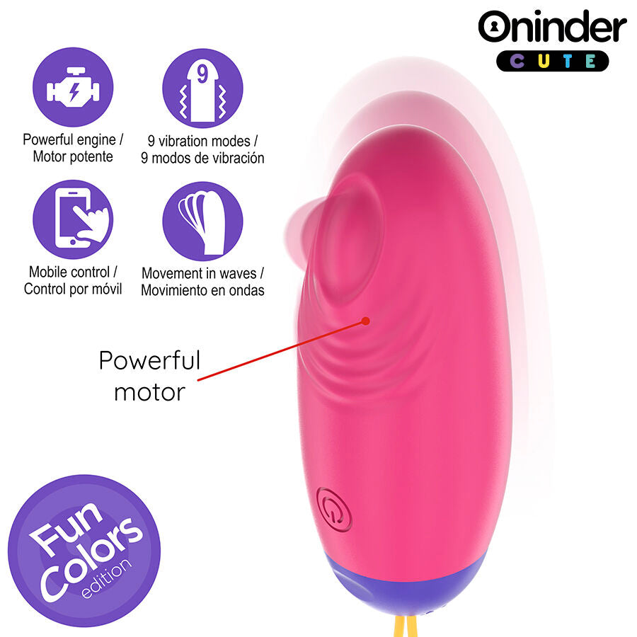 Close-up do ONINDER Ovo Vibratório CUTE, destacando seu design ergonómico, cor vibrante e cabo de carregamento USB.