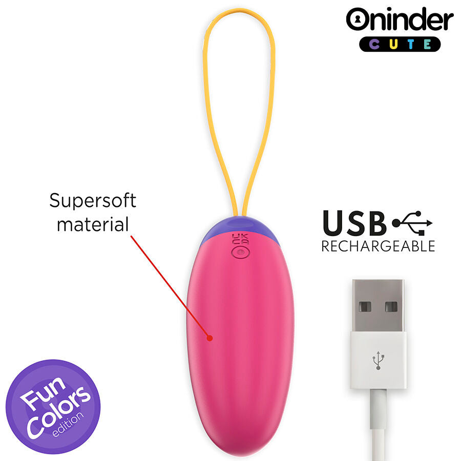 Close-up do ONINDER Ovo Vibratório CUTE, destacando seu design ergonómico, cor vibrante e cabo de carregamento USB.