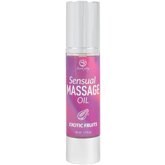 Frasco de Óleo de Massagem SECRETPLAY com Frutas Exóticas de 50ml, ideal para relaxamento e sensualidade.