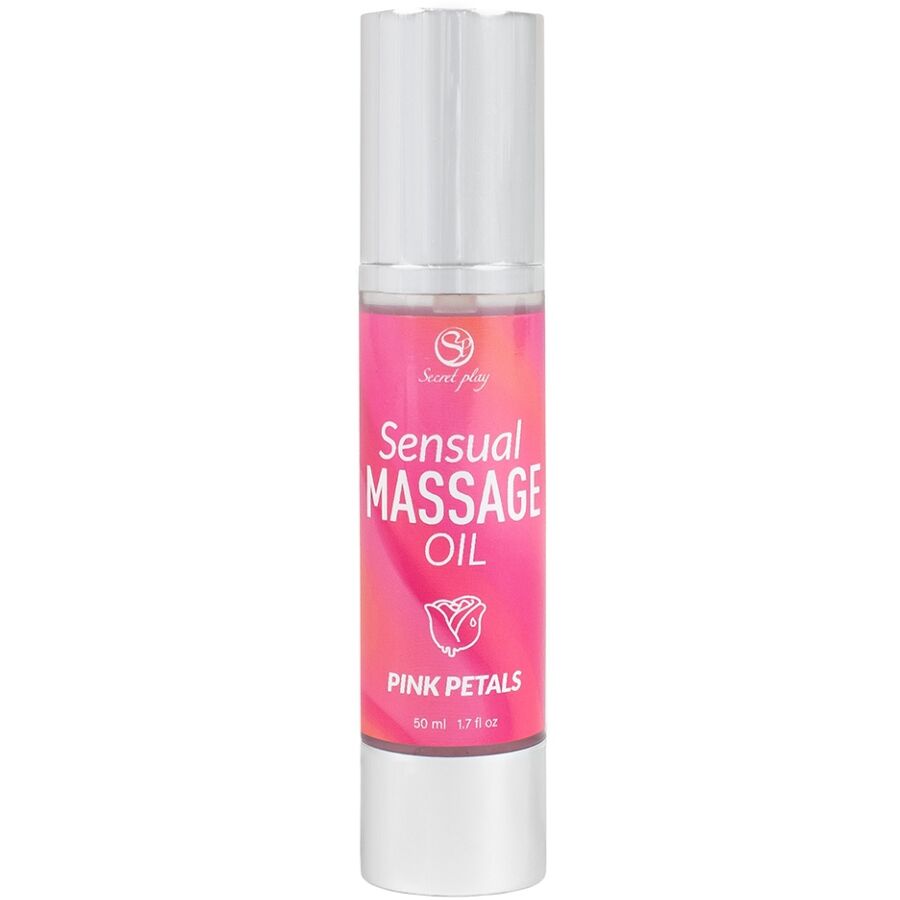 Embalagem do Óleo de Massagem SECRETPLAY Pink Petales 50ml, com detalhes do aroma de rosas e textura suave.
