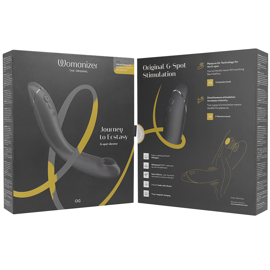 Womanizer OG G-Spot Vibrador na cor slate, destacando seu design ergonômico e a cabeça de estimulação