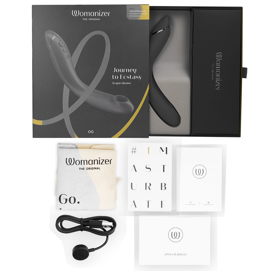 Womanizer OG G-Spot Vibrador na cor slate, destacando seu design ergonômico e a cabeça de estimulação