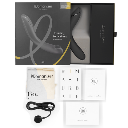 Womanizer OG G-Spot Vibrador na cor slate, destacando seu design ergonômico e a cabeça de estimulação