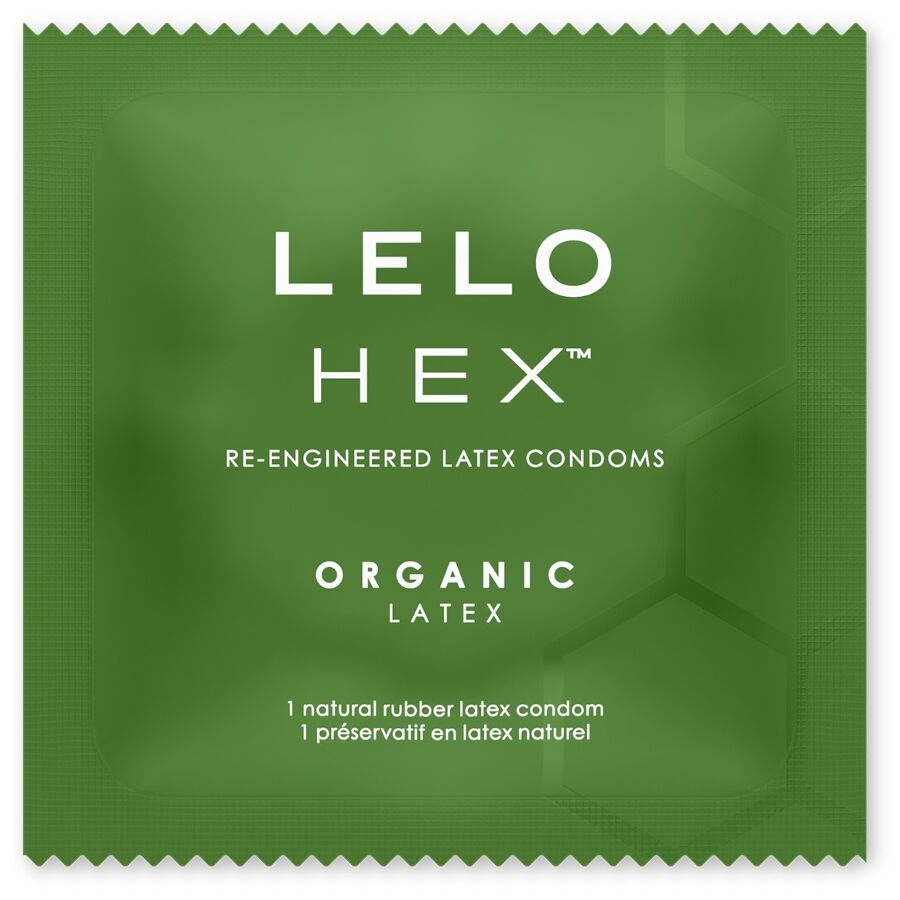 Imagem dos preservativos LELO HEX Orgânicos com L-Arginina, mostrando a embalagem de 36 unidades e a textura hexagonal.