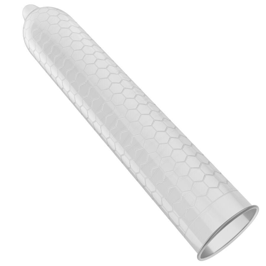 Imagem dos preservativos LELO HEX Orgânicos com L-Arginina, mostrando a embalagem de 36 unidades e a textura hexagonal.