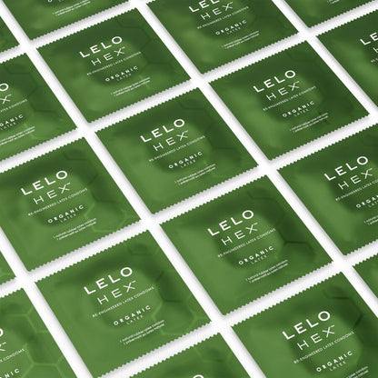 Imagem dos preservativos LELO HEX Orgânicos com L-Arginina, mostrando a embalagem de 36 unidades e a textura hexagonal.