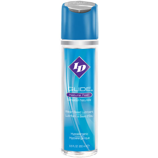 Frasco de ID Lubrificante Íntimo Glide 250 ML, à base de água para conforto e prazer.
