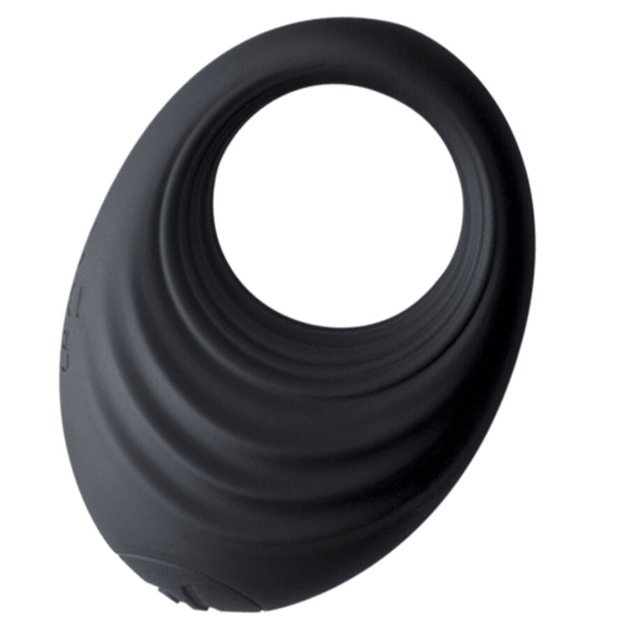 Anel peniano vibratório ROCKS-OFF Spire preto em silicone, com 10 funções de vibração e design ergonómico.