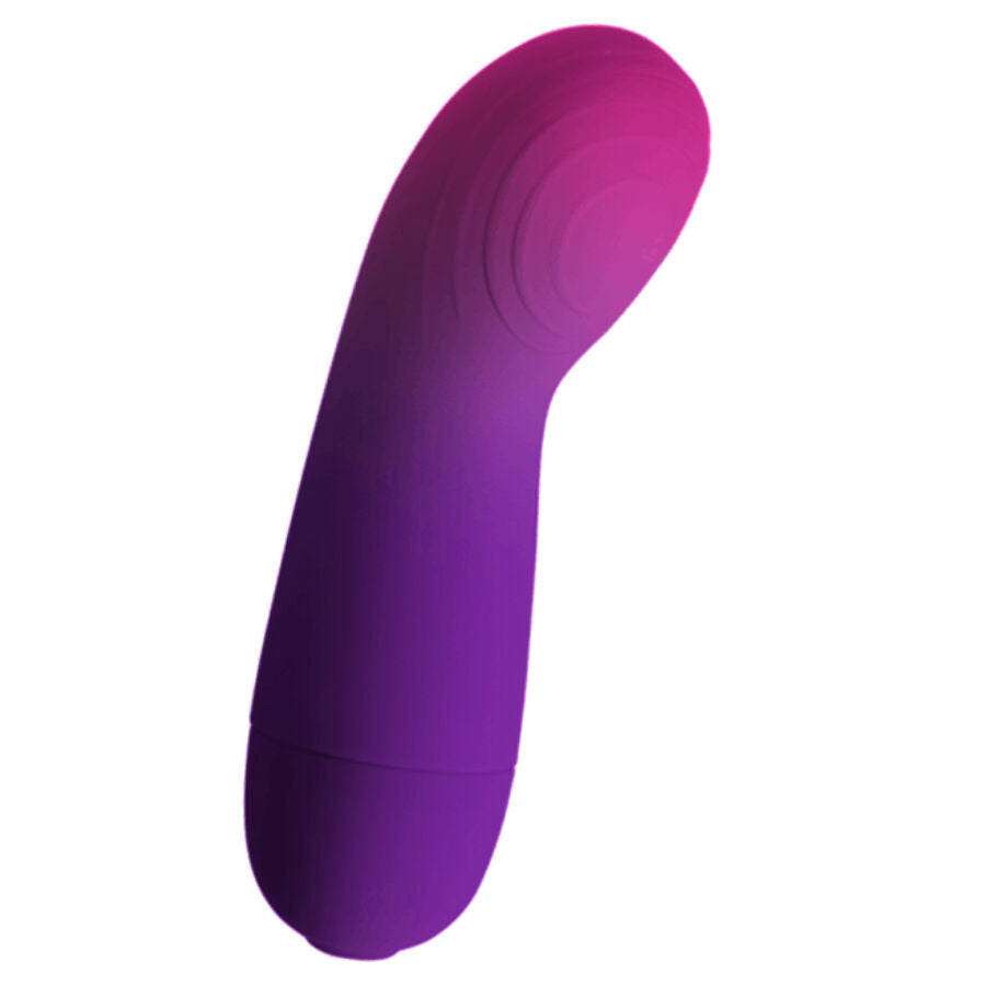 Close-up do vibrador Rocks-Off Glow Girl Vibe Roxo, mostrando seu design ergonômico e ponta curva para estimulação do ponto G e clítoris.