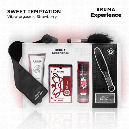 Close-up do Kit de Tentação Vibro-Orgásmica BRUMA Xperience Morango Doce com seus componentes.