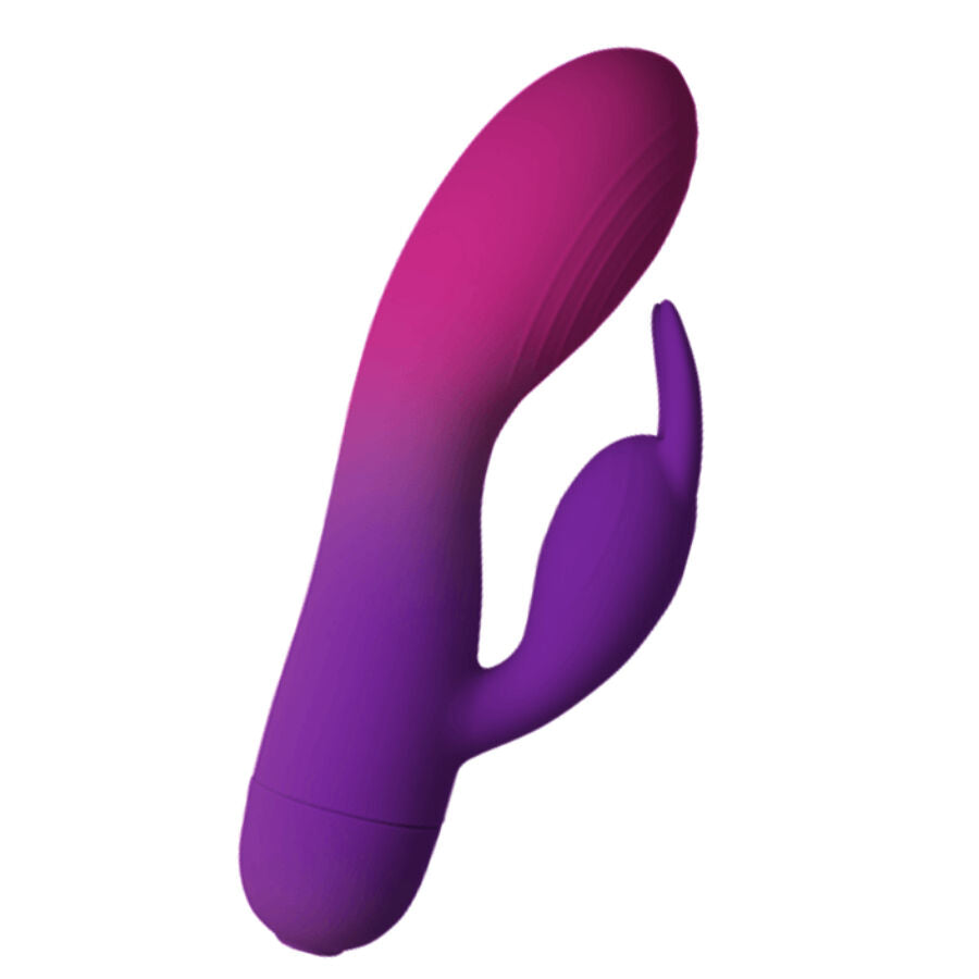 Close-up do Vibrador Rocks-Off Glo-Girl Rabbit, mostrando o design flexível e aveludado de silicone para dupla estimulação.