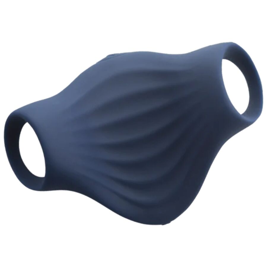 Close-up of the ROCKS-OFF Masturbador Vibrador Flexível Palm Blue showing its ergonomic design and textured interior.