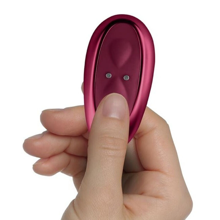 Close-up of the ROCKS-OFF Vibrador Ruby Glow Blush Vermelho 2 em 1 with remote control, highlighting its ergonomic design and dual functionality.