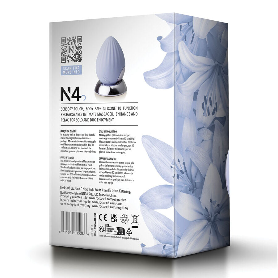 Rocks-Off Niya N4 Massageador Íntimo de Estimulação Externa em silicone, formato ergonômico, vista detalhada.